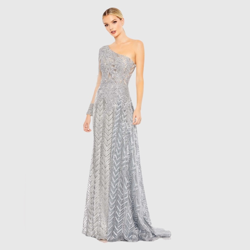 NWT $898 MAC DUGGAL Silver Embellished One Shoulder A Line Gown DRESS 20401